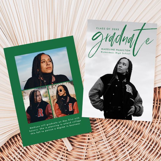 緑の手書きブラシスクリプト4写真の卒業 案内状