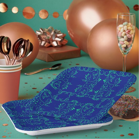 緑の抽象芸術つる植物の青いパターン ペーパープレート (複数)