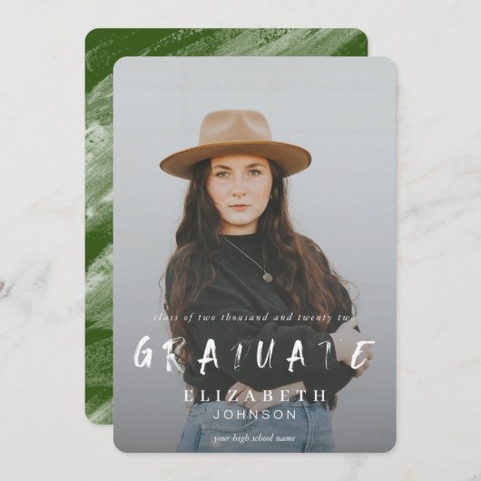 緑の抽象芸術ブラシストローク写真の卒業 案内状 (正面/裏面)