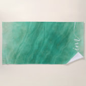 緑の抽象芸術大理石とカスタムイニシャル- ビーチタオル (正面)
