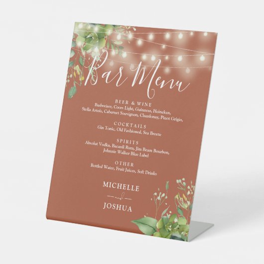 緑の文字列ライトテラコッタ結婚のバーメニュー 台座サイン (正面)