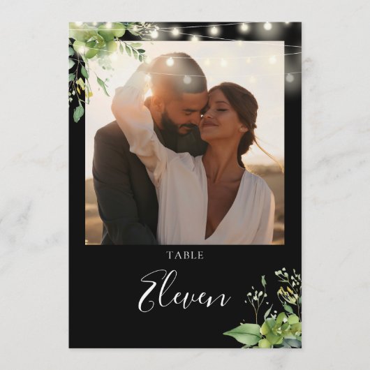 緑の文字列ライトフォトテーブル番号 サンキューカード (正面)