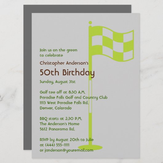緑の旗の第50誕生日をゴルフをするゴルファーのゴルフ 招待状 (正面/裏面)