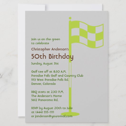 緑の旗の第50誕生日をゴルフをするゴルファーのゴルフ 招待状 (正面)
