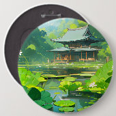 緑の日本のリリーパッド付きの家と湖 缶バッジ (正面&裏面)