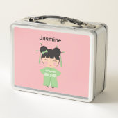 緑の日本の着物パーソナライズされた人形 メタルランチボックス (裏面)