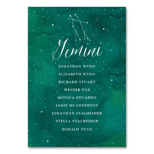 緑の星結婚の座席表カードGemini テーブルナンバー (裏面)
