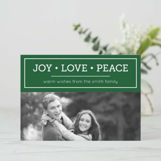 緑の暖かい願い喜び愛の平和のホリデーフォト シーズンカード (スタンド正面)