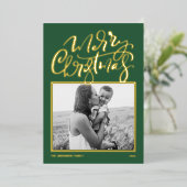 緑の書道モダン写真メリークリスマス 箔シーズンカード (立ち正面)