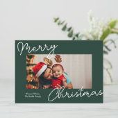 緑の書道楽しいクリスマスのモダン写真 シーズンカード (スタンド正面)