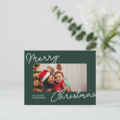 緑の書道楽しいクリスマスのモダン写真 シーズンポストカード (スタンド正面)