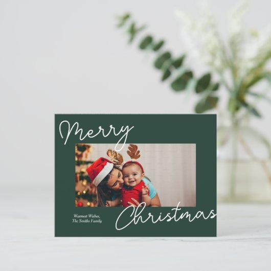 緑の書道楽しいクリスマスのモダン写真 シーズンポストカード (スタンド正面)