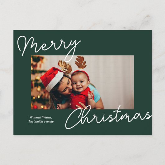 緑の書道楽しいクリスマスのモダン写真 シーズンポストカード (正面)