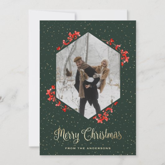 緑の書道赤い果実の雪の写真クリスマス シーズンカード (正面)