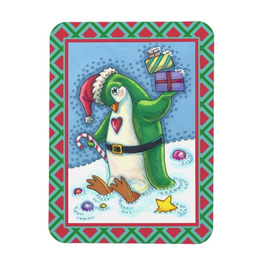 緑の服を着た可愛いクリスマスペンギン,休日 マグネット (縦)