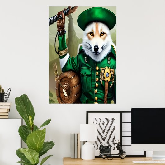 緑の服を着た白い狐 | AIアートポスター ポスター (ホームオフィス)