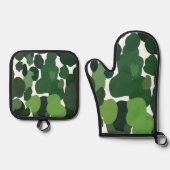 緑の木々モダン熱帯雨林パターン 鍋つかみ&鍋敷きセット (正面)