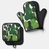 緑の木々モダン熱帯雨林パターン 鍋つかみ&鍋敷きセット (正面/裏面)