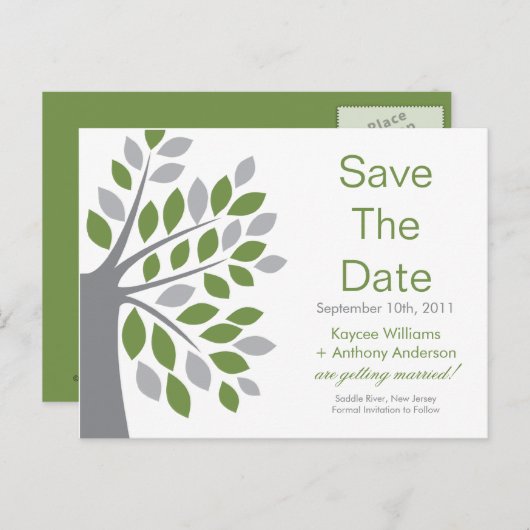 緑の木の日付のポストカードを保存! 案内ポストカード (正面/裏面)