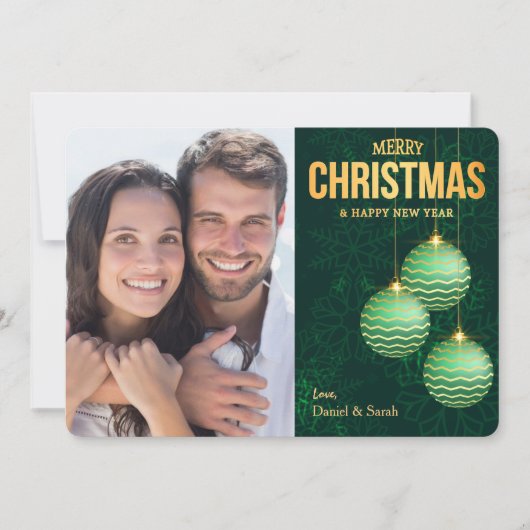 緑の木の球根3つ雪の結晶フォトクリスマス シーズンカード (正面)