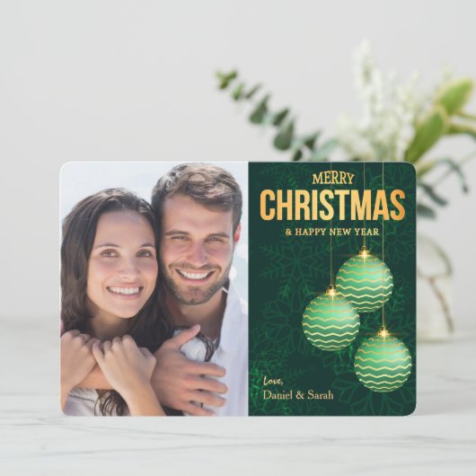 緑の木の球根3つ雪の結晶フォトクリスマス シーズンカード (スタンド正面)