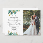 緑の木の結婚式招待状と写真 招待状 (正面/裏面)