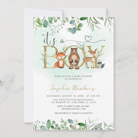 緑の木の葉の子の動物ベビーシャワー 招待状 (正面)