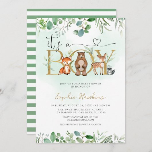 緑の木の葉の子の動物ベビーシャワー 招待状 (正面/裏面)