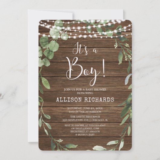緑の木の赤ちゃん素朴のシャワーを灯す男の子 招待状 (正面)