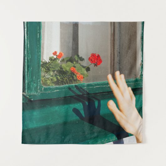 緑の木窓に赤い花 タペストリー (正面)