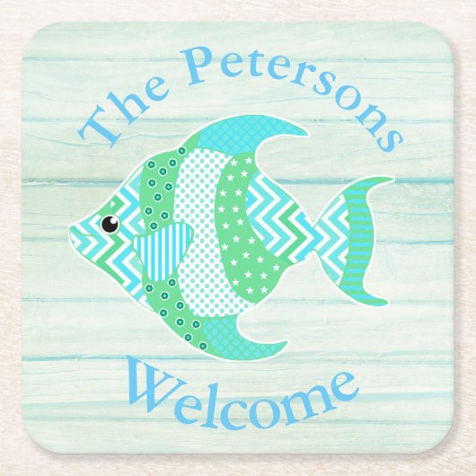 緑の木製の一見の魚のカスタムの紙のコースター スクエアペーパーコースター (正面)