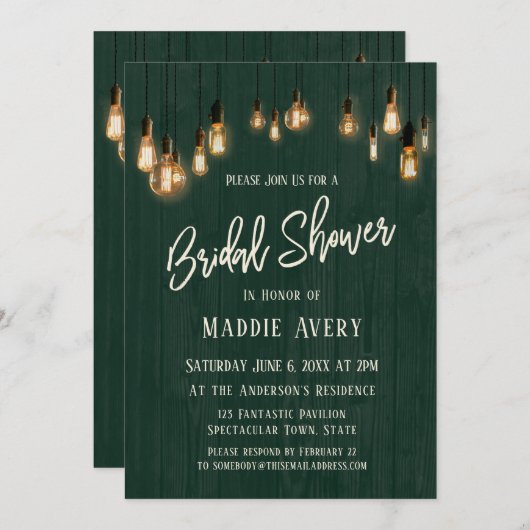 緑の木製の壁とエジソンライトブライダルシャワー 招待状 (正面/裏面)