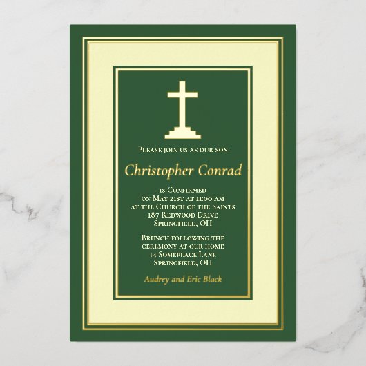 緑の本物の金箔 カトリック確認 箔招待状 (正面)