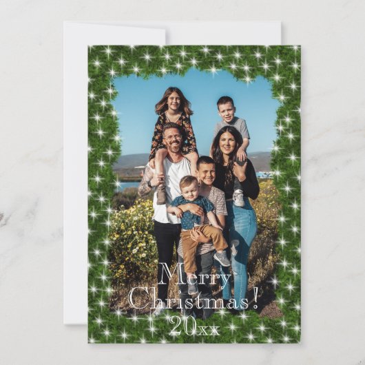緑の松の光の写真パーソナライズされた シーズンカード (正面)