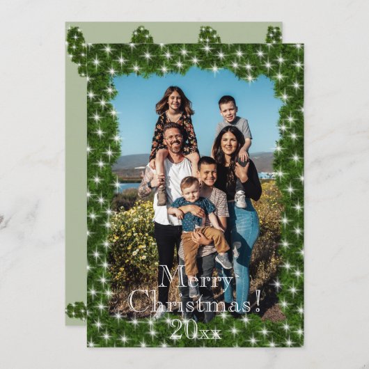 緑の松の光の写真パーソナライズされた シーズンカード (正面/裏面)