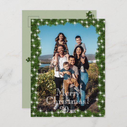 緑の松の光の写真パーソナライズされた シーズンポストカード (正面/裏面)
