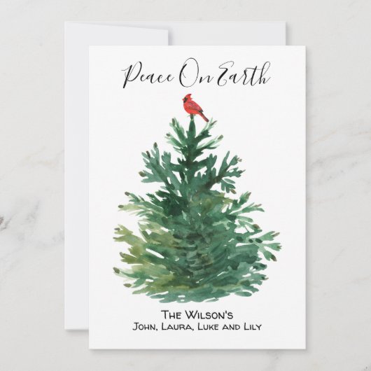 緑の松の木 赤いカーディナル 地球の平和 オーダーメイド シーズンカード (正面)