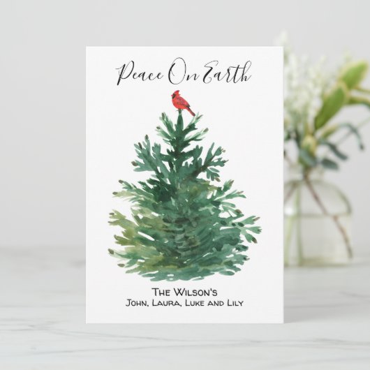 緑の松の木 赤いカーディナル 地球の平和 オーダーメイド シーズンカード (スタンド正面)