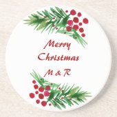 緑の松の枝に赤い果実をつける コースター (正面)