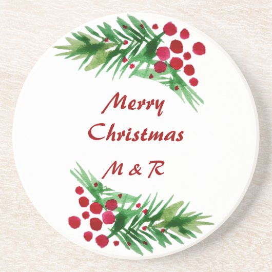 緑の松の枝に赤い果実をつける コースター (正面)