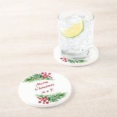 緑の松の枝に赤い果実をつける コースター (側面)