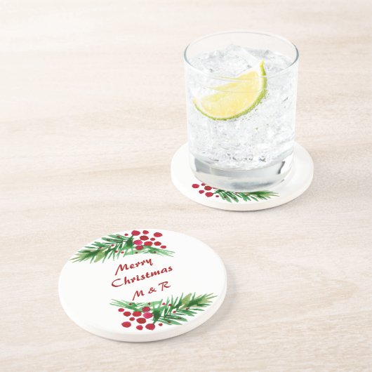 緑の松の枝に赤い果実をつける コースター (側面)