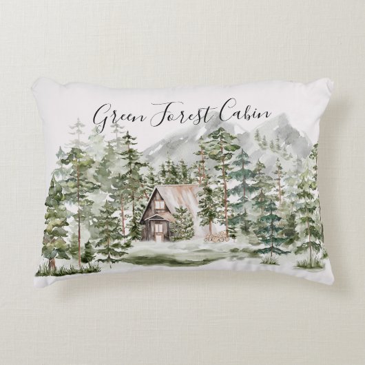 緑の松の森の森の森の中の水彩小屋 アクセントクッション (正面)