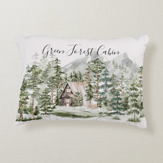 緑の松の森の森の森の中の水彩小屋 アクセントクッション (裏面)
