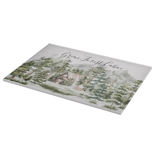 緑の松の森の森の森の中の水彩小屋 カッティングボード (角)