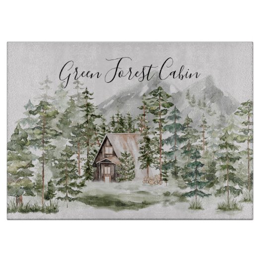 緑の松の森の森の森の中の水彩小屋 カッティングボード (正面)