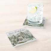 緑の松の森の森の森の中の水彩小屋 ガラスコースター (アングル)