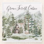 緑の松の森の森の森の中の水彩小屋 ガラスコースター (正面)
