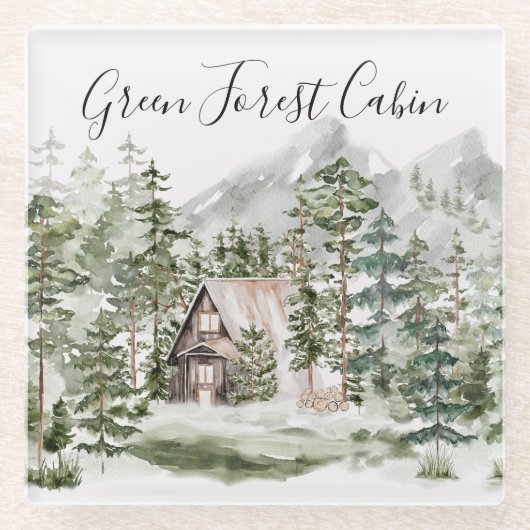 緑の松の森の森の森の中の水彩小屋 ガラスコースター (正面)