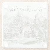 緑の松の森の森の森の中の水彩小屋 ガラスコースター (裏面)